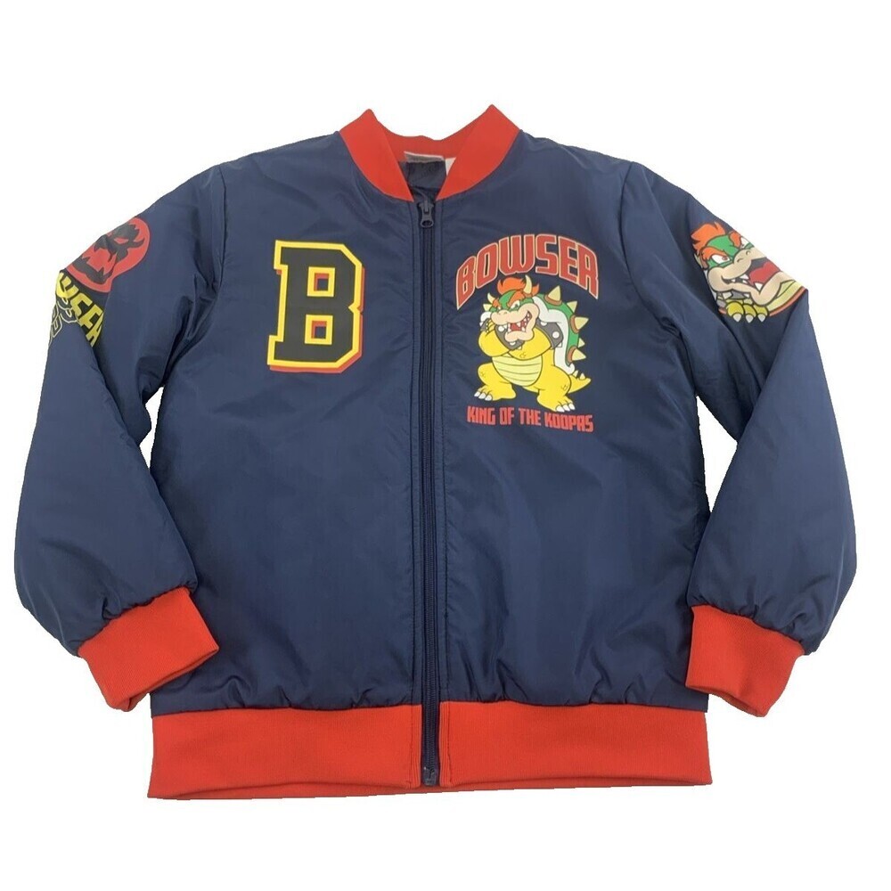 Super Mario Bowser Bomber Jacket Navy Full Zip Red Trim Insulated Boys 10-12